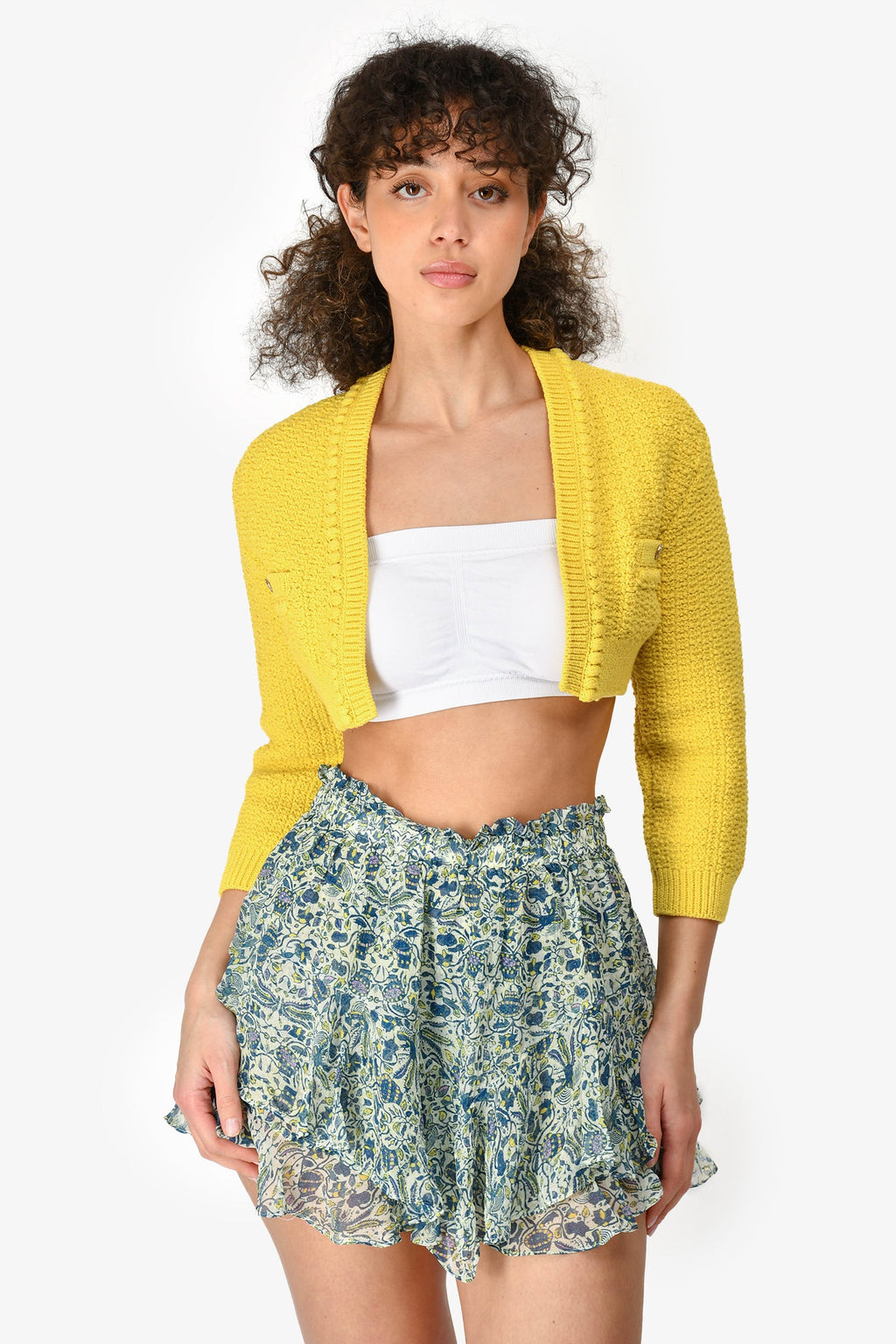 Pre-Loved Chanel™ Short Sleeve 2020 Yellow Cotton Blend Knit Cropped igan Size 34