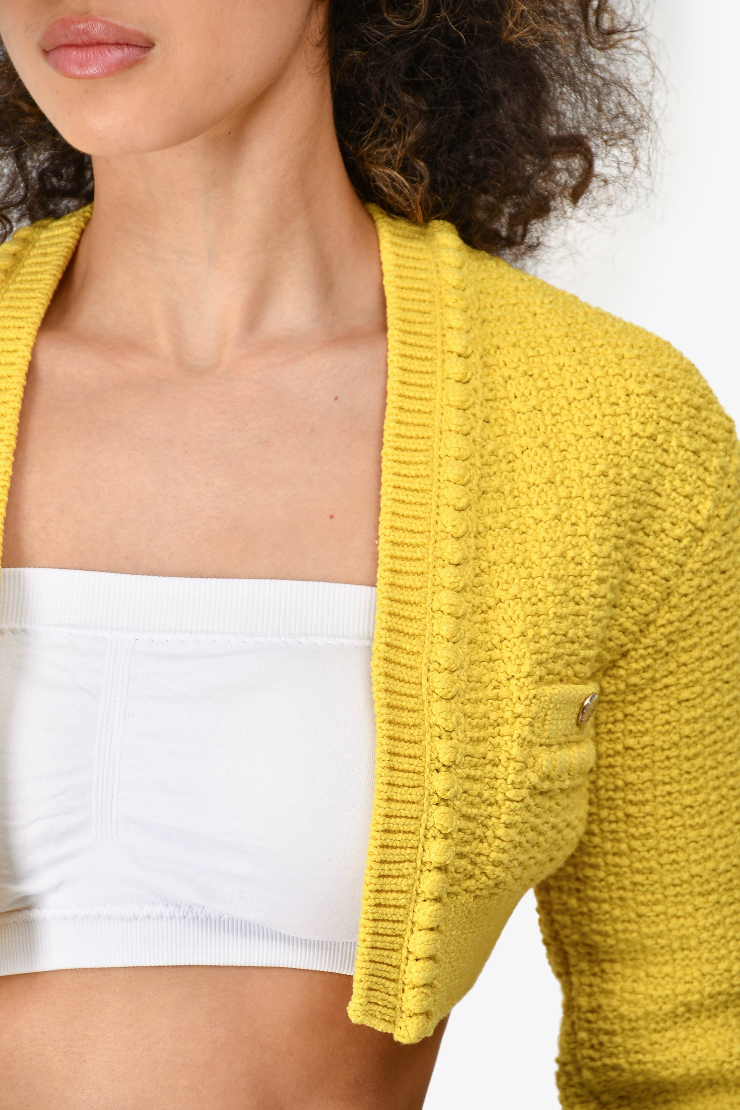 Pre-Loved Chanel™ Short Sleeve 2020 Yellow Cotton Blend Knit Cropped igan Size 34