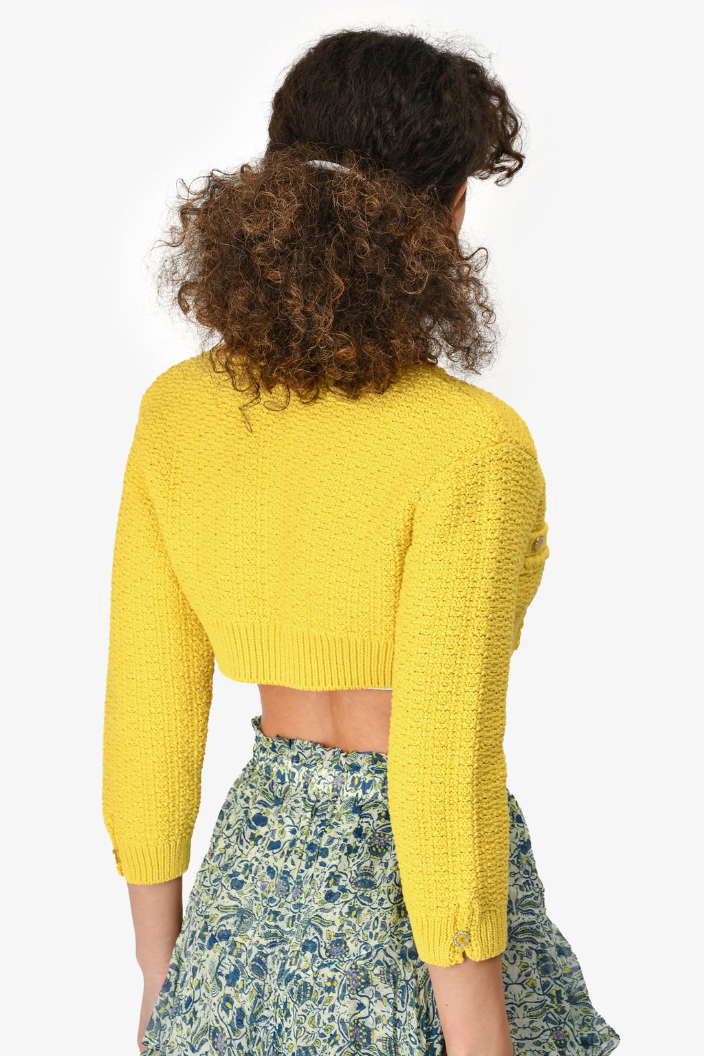 Pre-Loved Chanel™ Short Sleeve 2020 Yellow Cotton Blend Knit Cropped igan Size 34