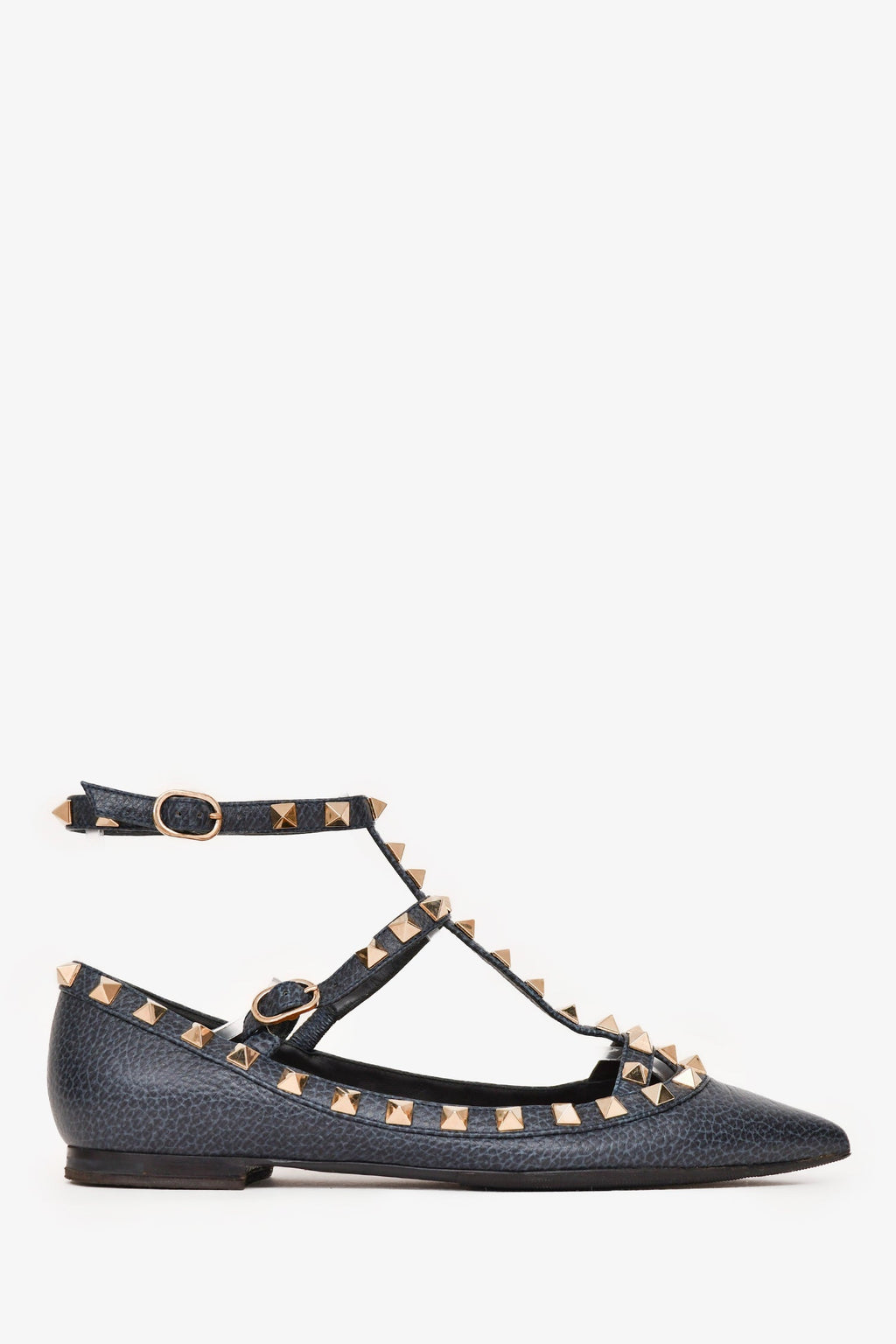Valentino Navy Blue Grained Leather Rockstud Cage Flats Size 35