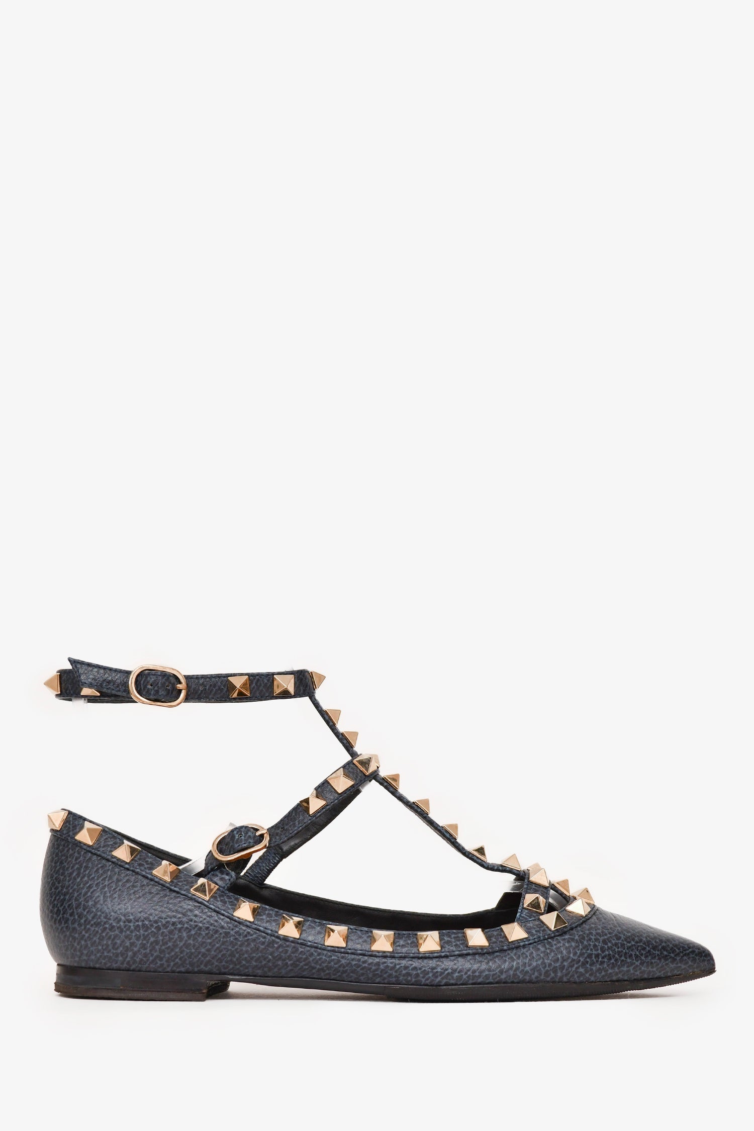 Valentino Navy Blue Grained Leather Rockstud Cage Flats Size 35