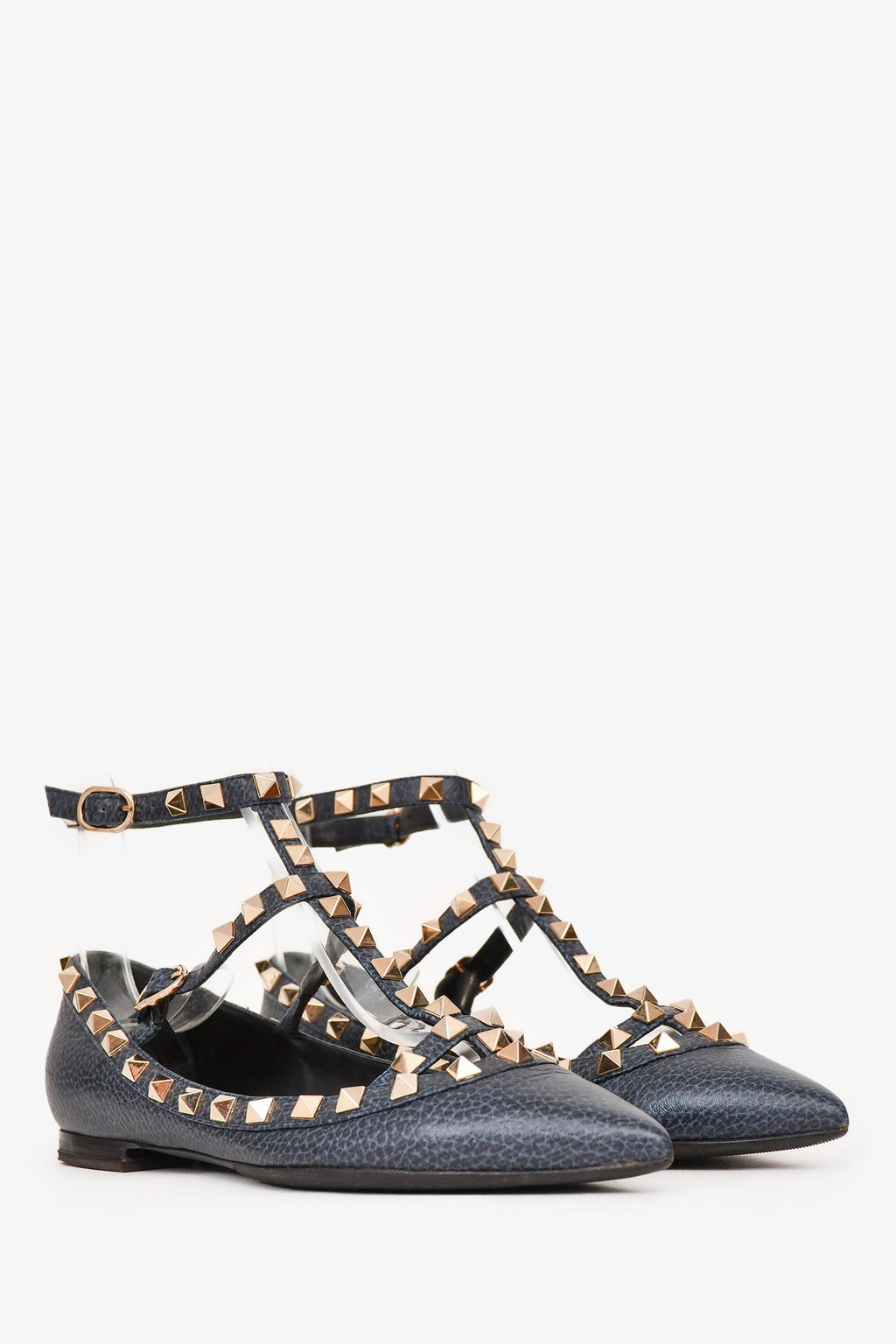 Valentino Navy Blue Grained Leather Rockstud Cage Flats Size 35