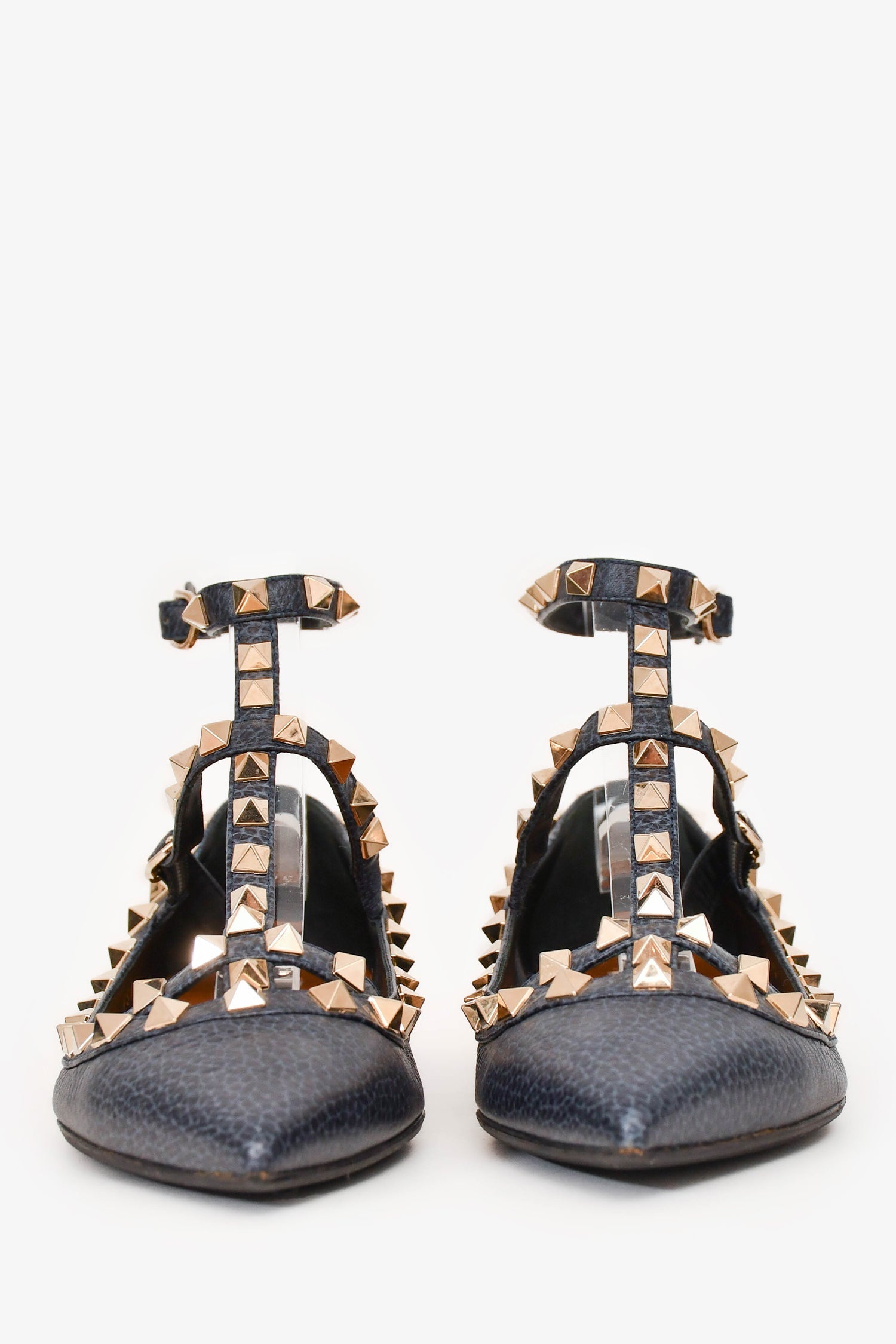 Valentino Navy Blue Grained Leather Rockstud Cage Flats Size 35
