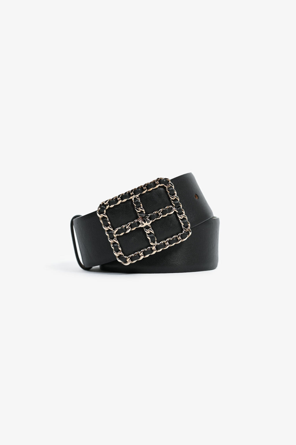 Pre-Loved Chanel™ Black Leather Enchained Buckle CC Wide Belt Size 90
