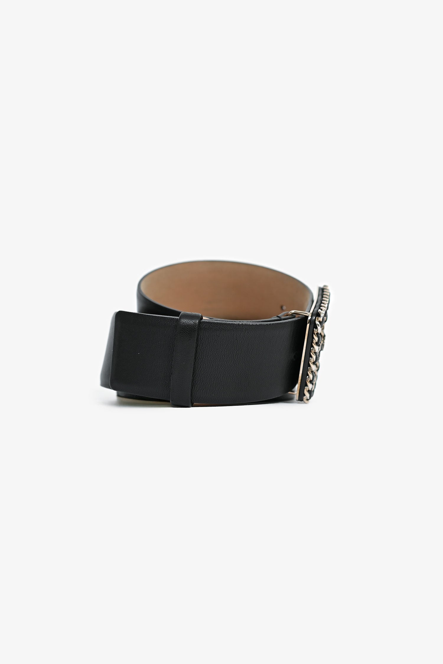 Pre-Loved Chanel™ Black Leather Enchained Buckle CC Wide Belt Size 90