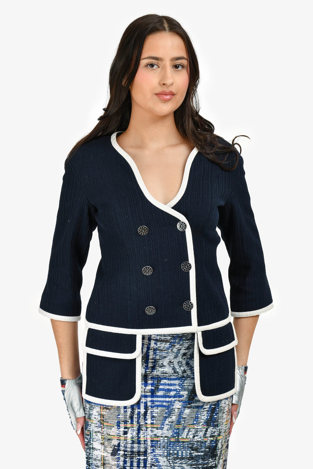 Pre-Loved Chanel™ Navy/White Textured Cotton Jacket Size 40