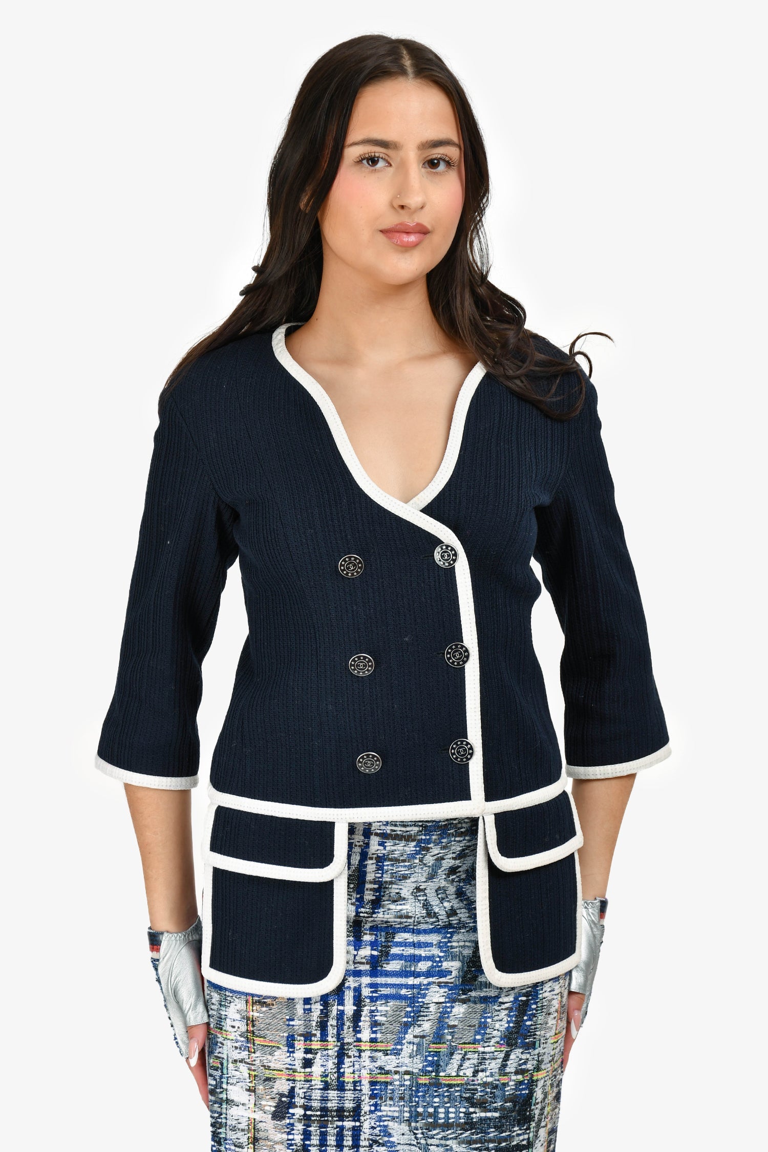 Pre-Loved Chanel™ Navy/White Textured Cotton Jacket Size 40