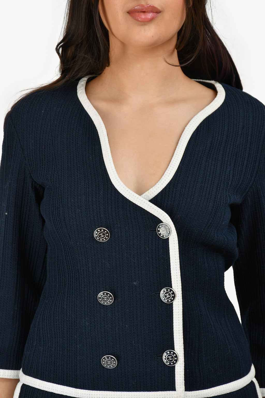 Pre-Loved Chanel™ Navy/White Textured Cotton Jacket Size 40