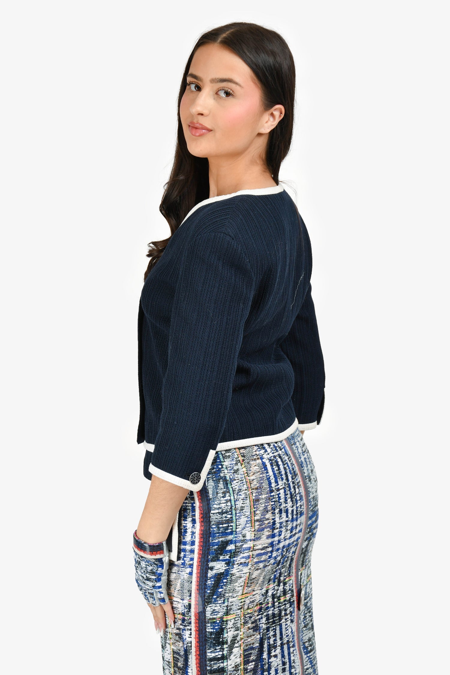 Pre-Loved Chanel™ Navy/White Textured Cotton Jacket Size 40