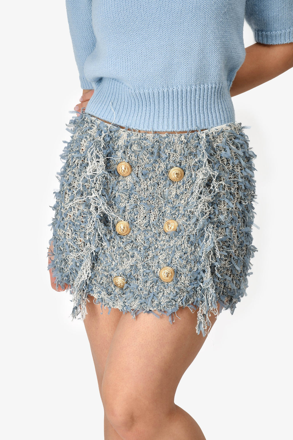 Balmain Blue Fringe Mini Skirt With Gold Buttons Size 38