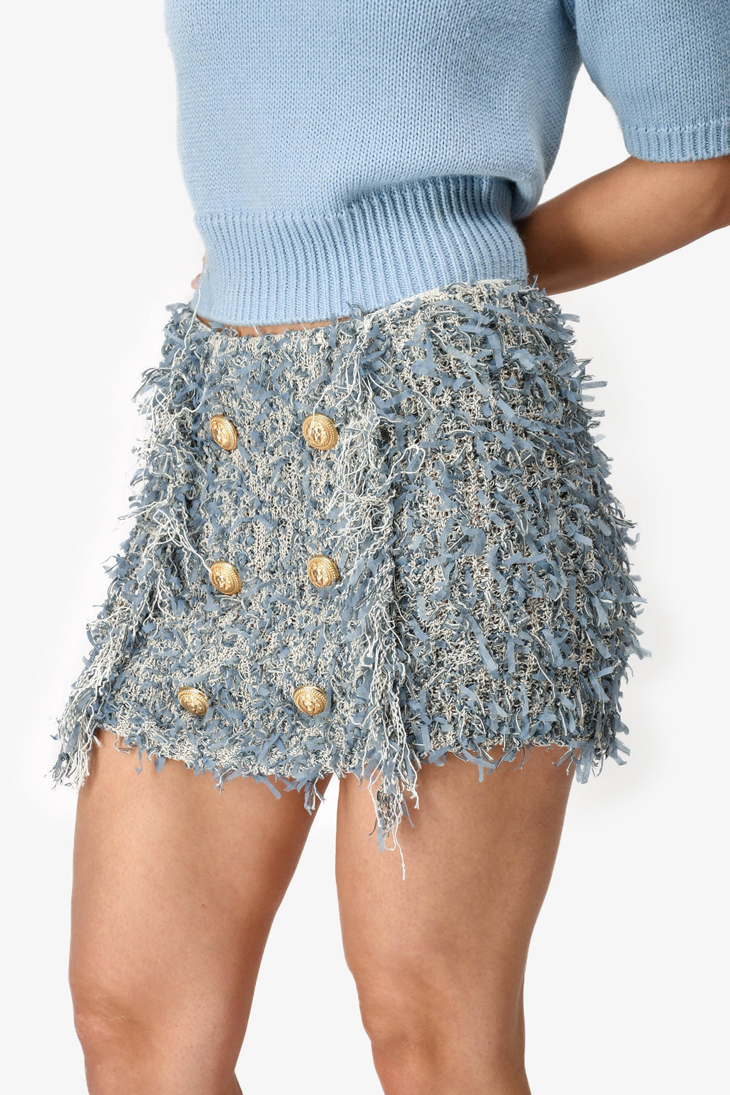 Balmain Blue Fringe Mini Skirt With Gold Buttons Size 38