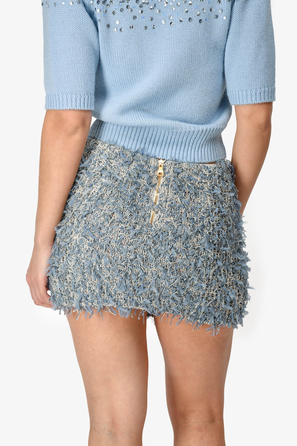 Balmain Blue Fringe Mini Skirt With Gold Buttons Size 38