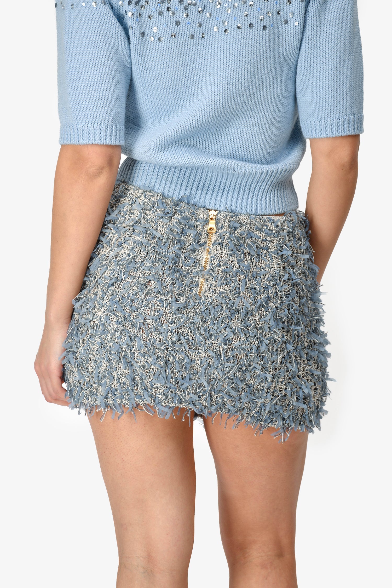 Balmain Blue Fringe Mini Skirt With Gold Buttons Size 38