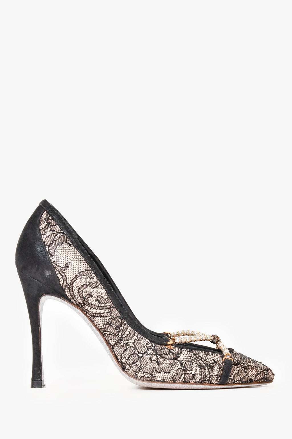 René Caovilla Black/Nude Lace Cross Pearl Pumps Size 36
