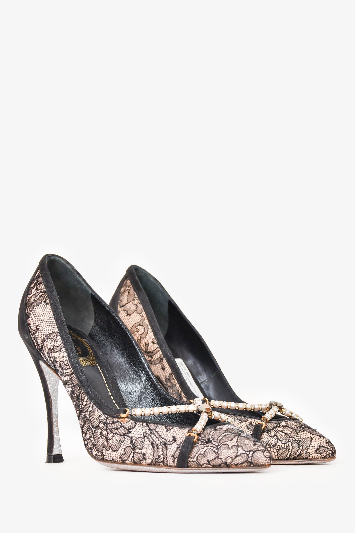René Caovilla Black/Nude Lace Cross Pearl Pumps Size 36