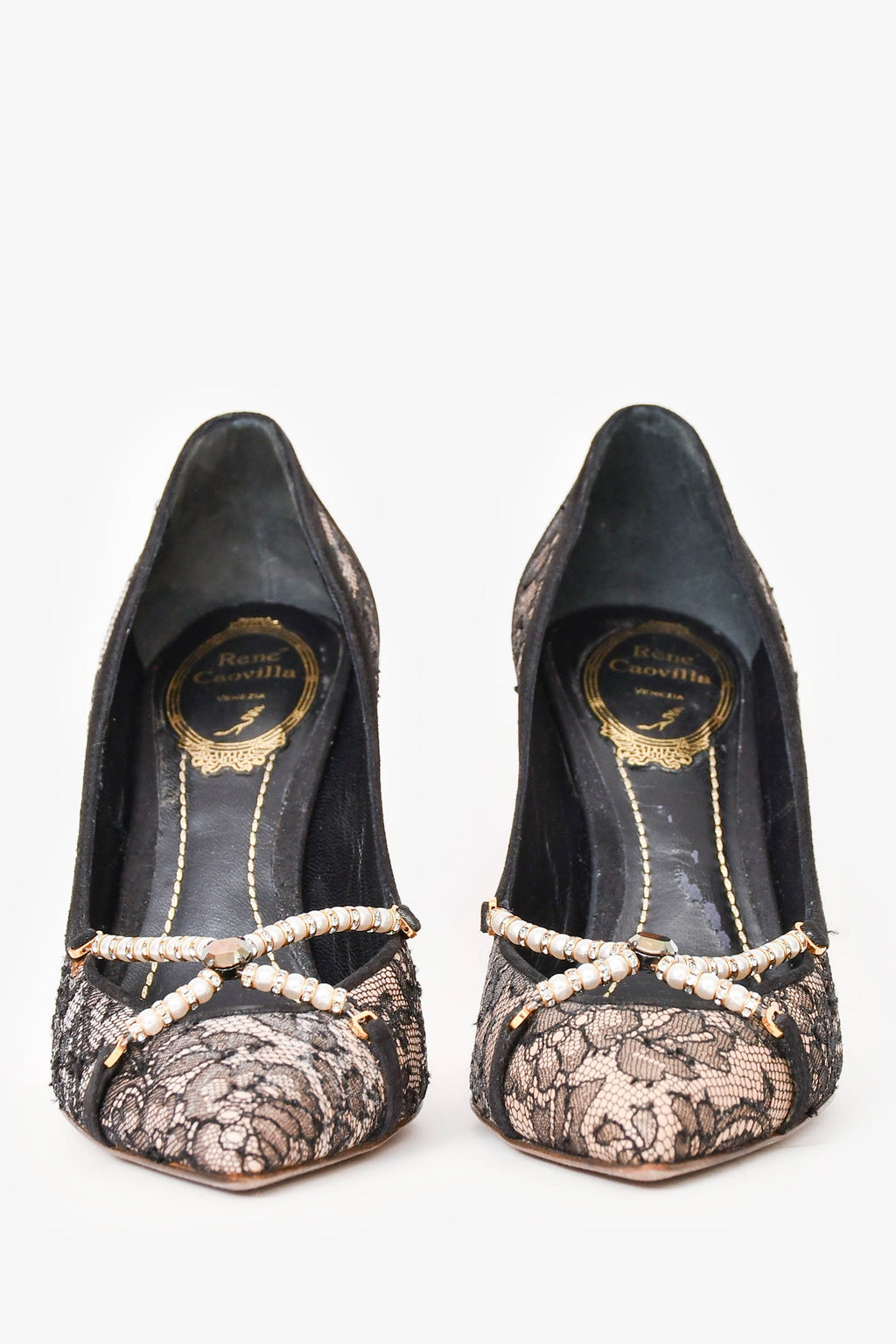 René Caovilla Black/Nude Lace Cross Pearl Pumps Size 36
