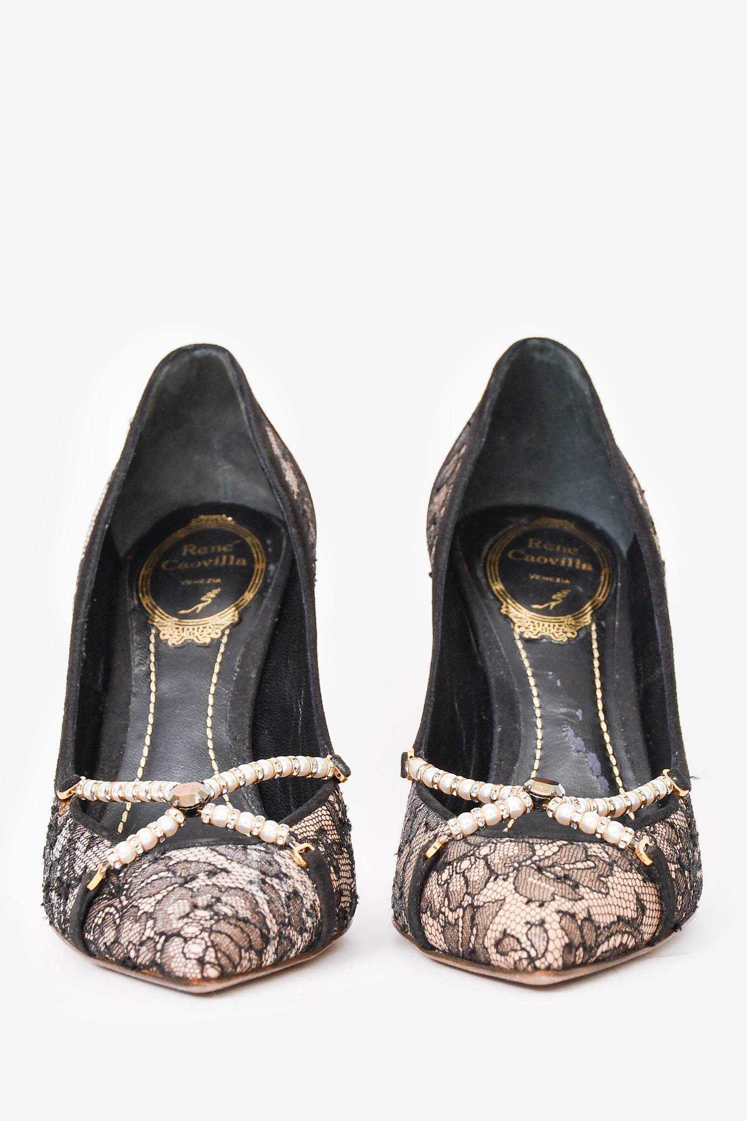 René Caovilla Black/Nude Lace Cross Pearl Pumps Size 36