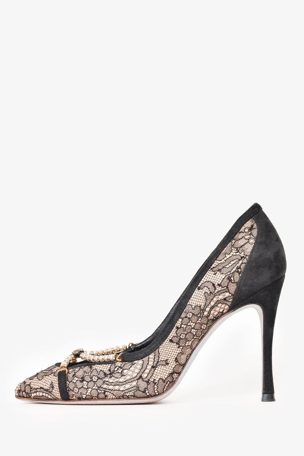 René Caovilla Black/Nude Lace Cross Pearl Pumps Size 36