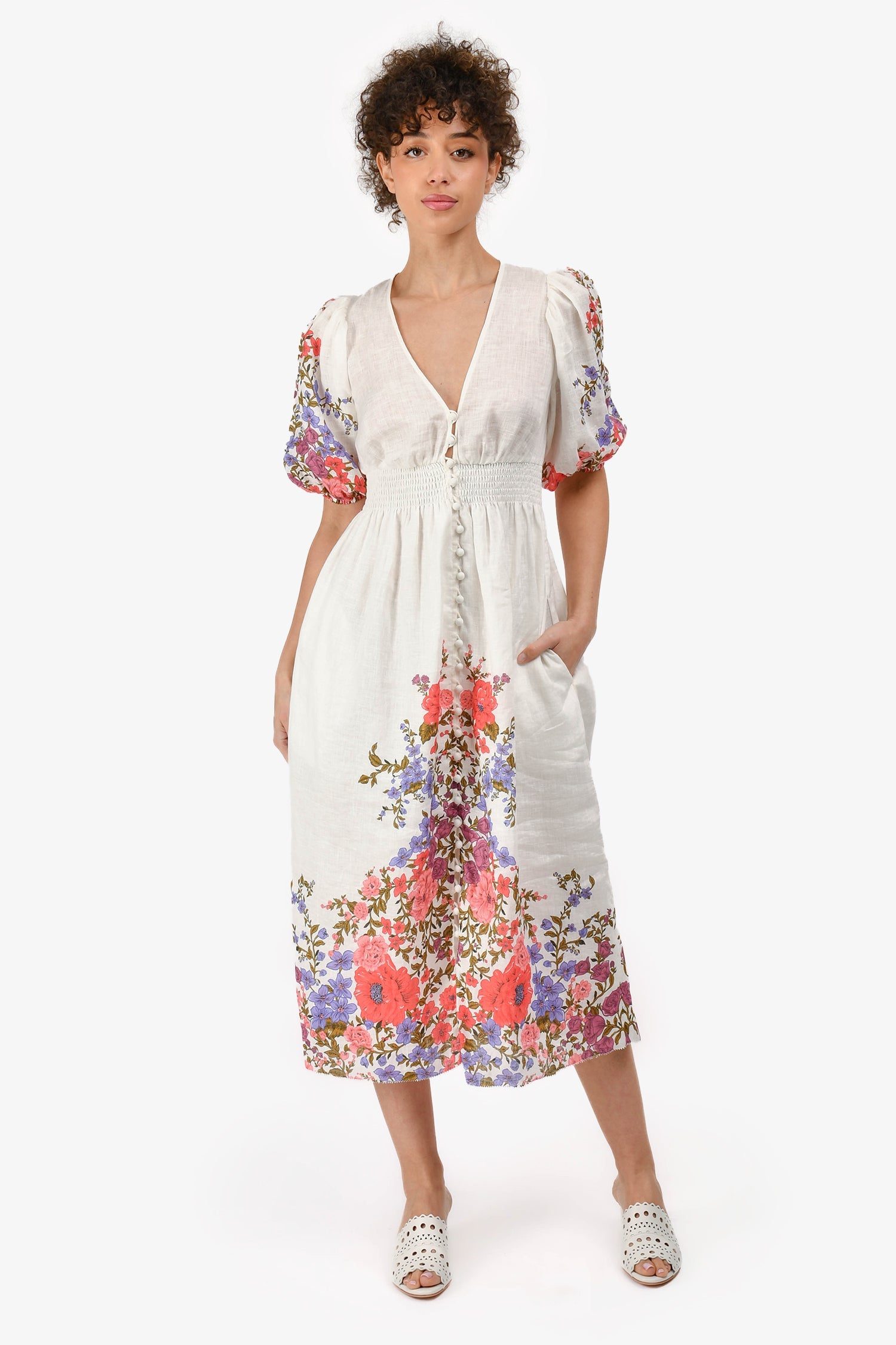 Zimmermann White Linen Pink/Purple Floral V-Neck Midi Dress Size 0