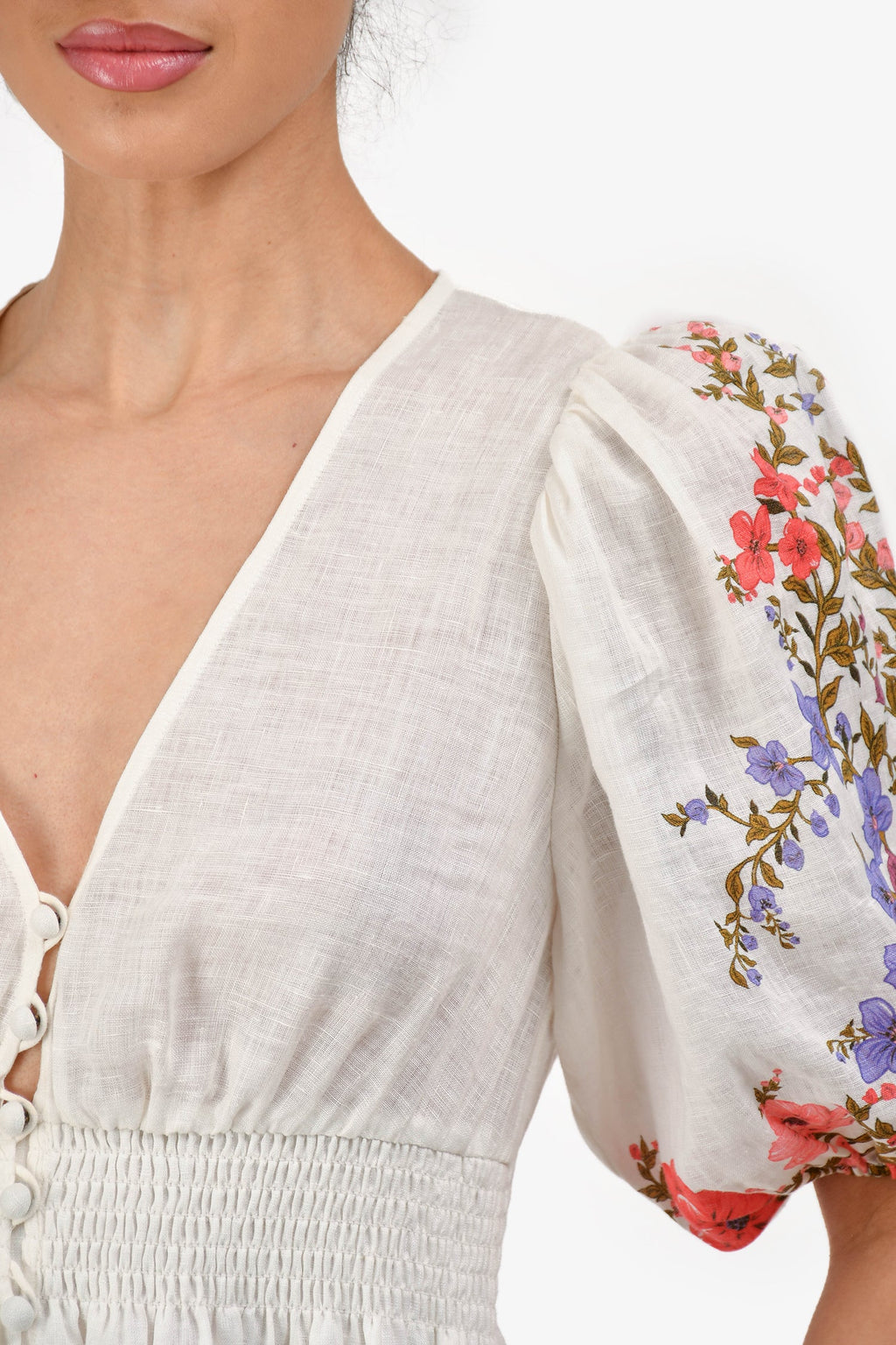 Zimmermann White Linen Pink/Purple Floral V-Neck Midi Dress Size 0