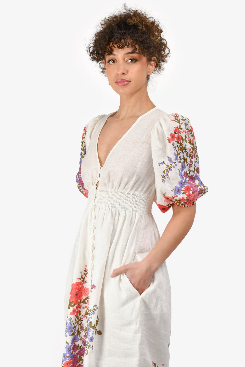 Zimmermann White Linen Pink/Purple Floral V-Neck Midi Dress Size 0