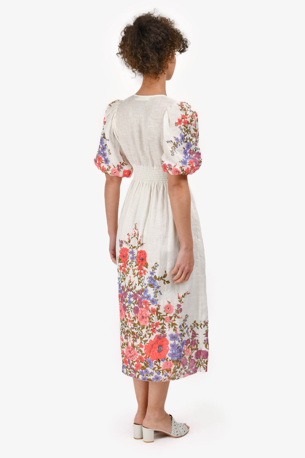 Zimmermann White Linen Pink/Purple Floral V-Neck Midi Dress Size 0