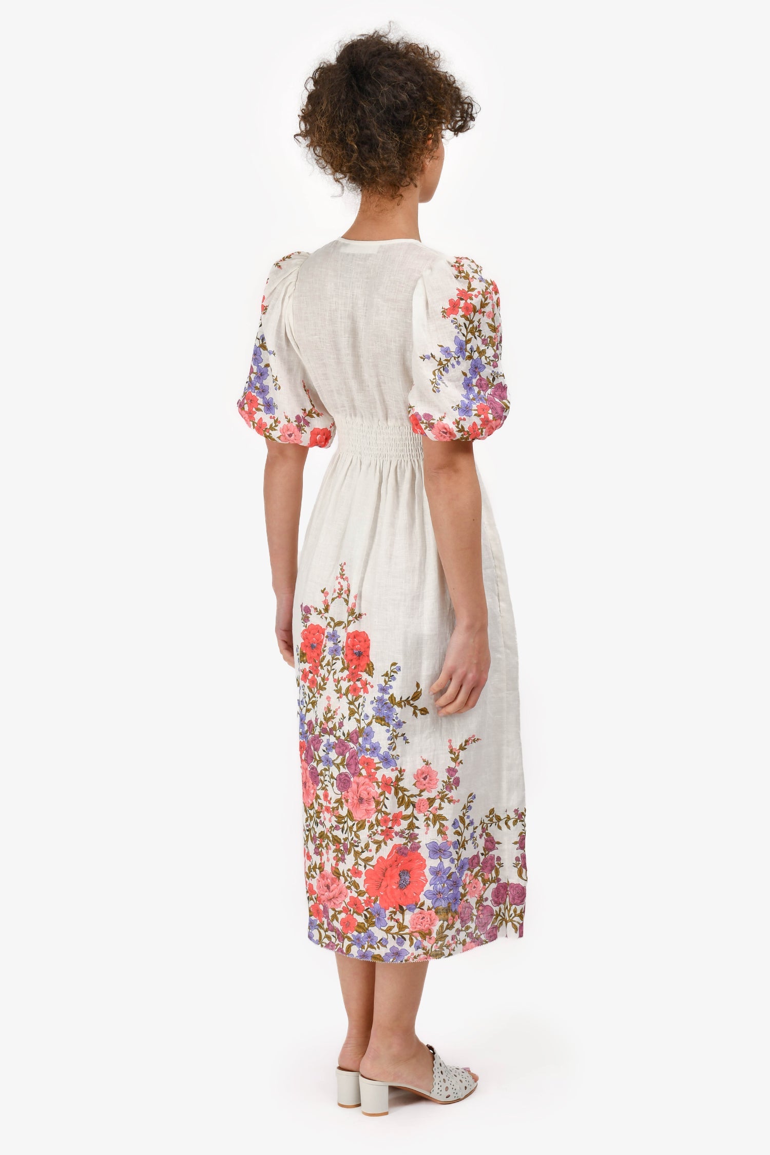 Zimmermann White Linen Pink/Purple Floral V-Neck Midi Dress Size 0