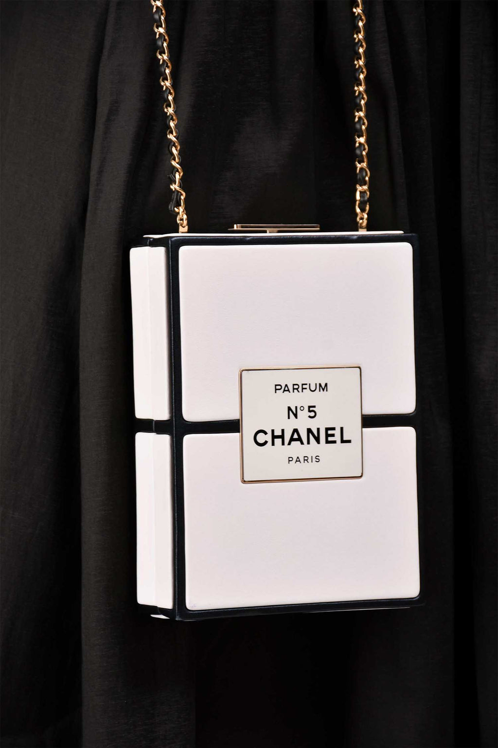 Pre-Loved Chanel™ Black/White Leather No. 5 Perfume Clutch Evening Clutch