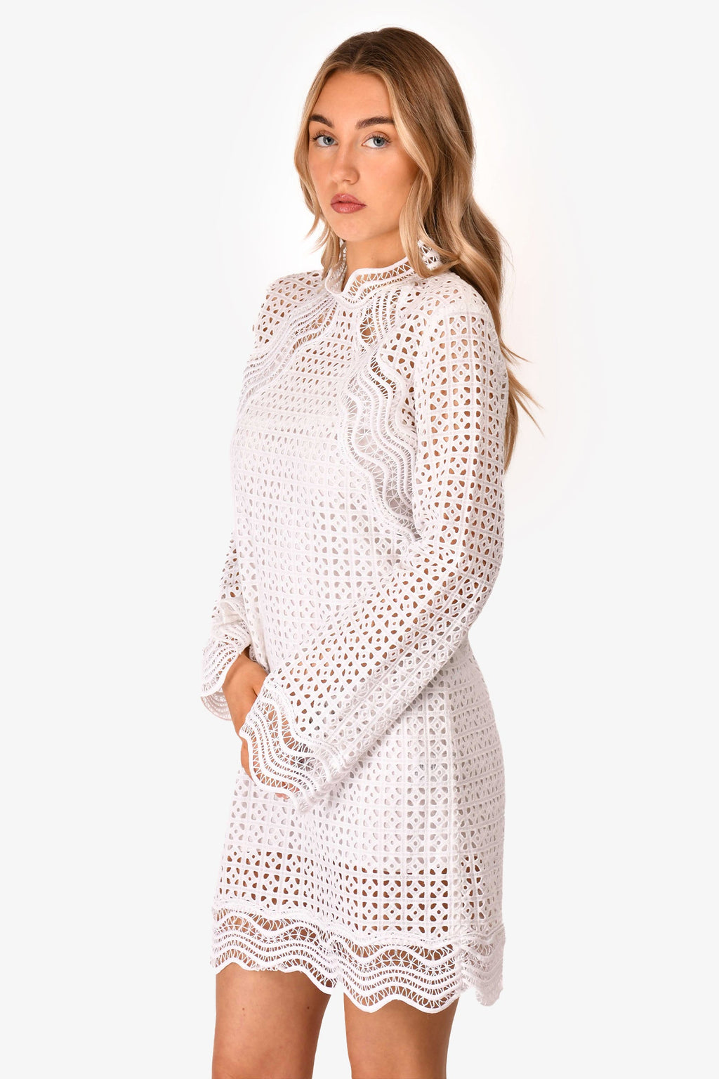 IRO White Crochet Long Sleeve Mini Dress with Slip Size 36
