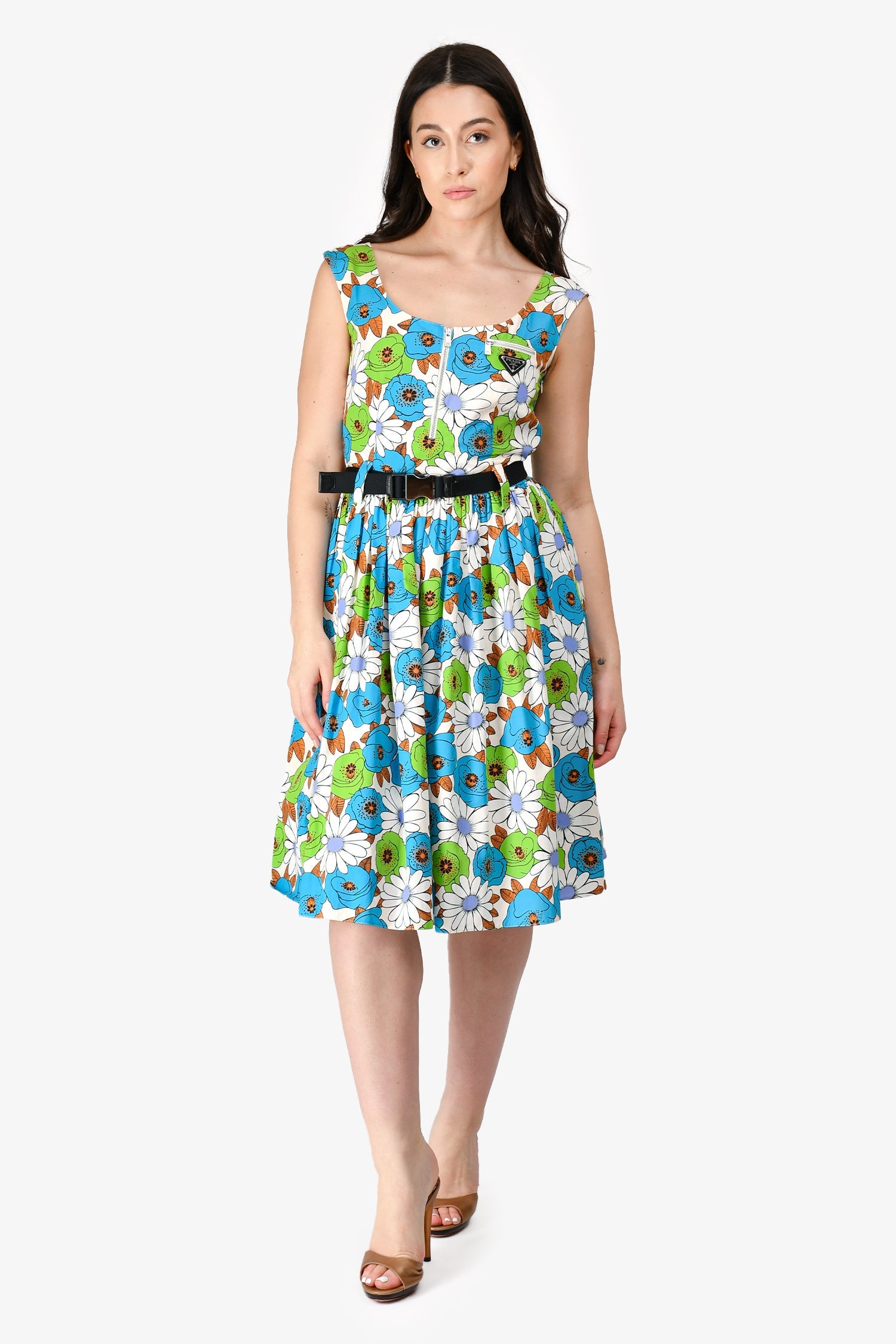 Prada 2024 White/Green/Blue Cotton Floral Triangle Pocket Belted Dress Size 40