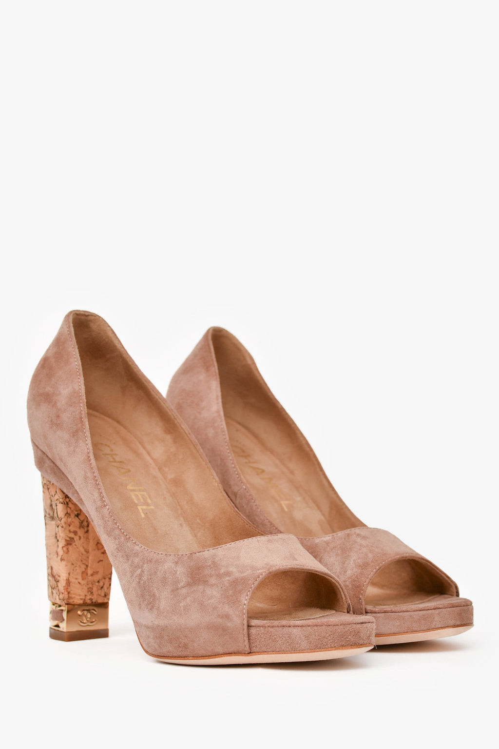 Pre-Loved Chanel™ Beige Suede Leather Peep Toes Heels Size 36.5