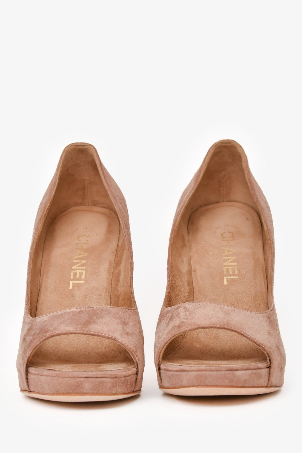 Pre-Loved Chanel™ Beige Suede Leather Peep Toes Heels Size 36.5