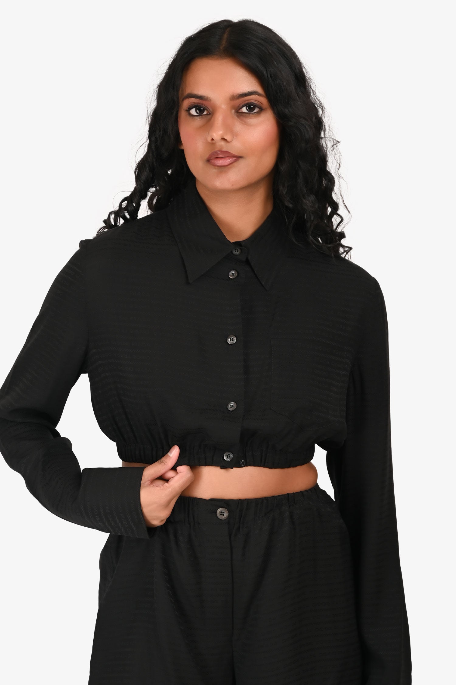 Prada 2022 Black Jacquard Logo Silk Cropped Button-Up Top (Size 40) + Shorts (Size 36) Set