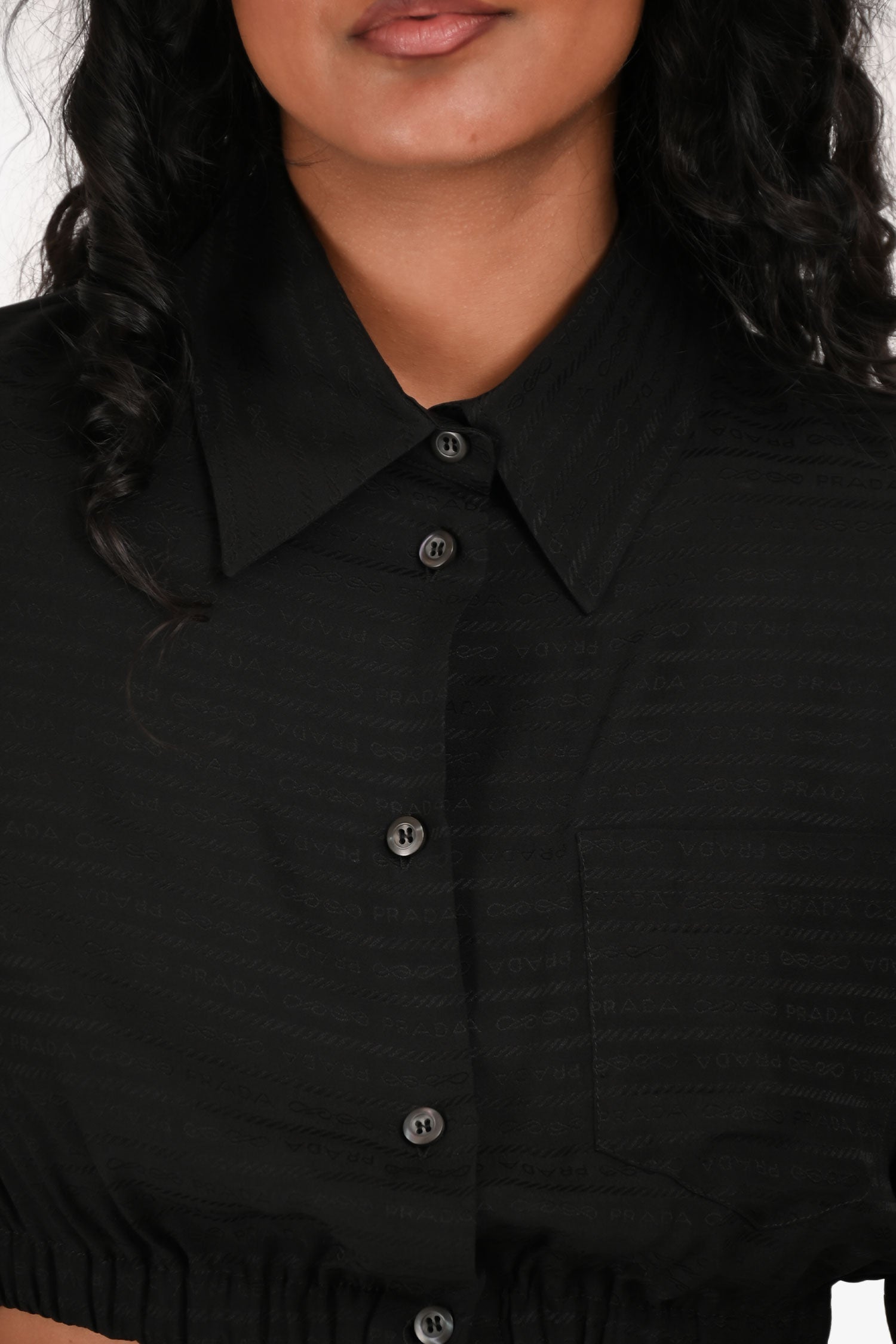 Prada 2022 Black Jacquard Logo Silk Cropped Button-Up Top (Size 40) + Shorts (Size 36) Set