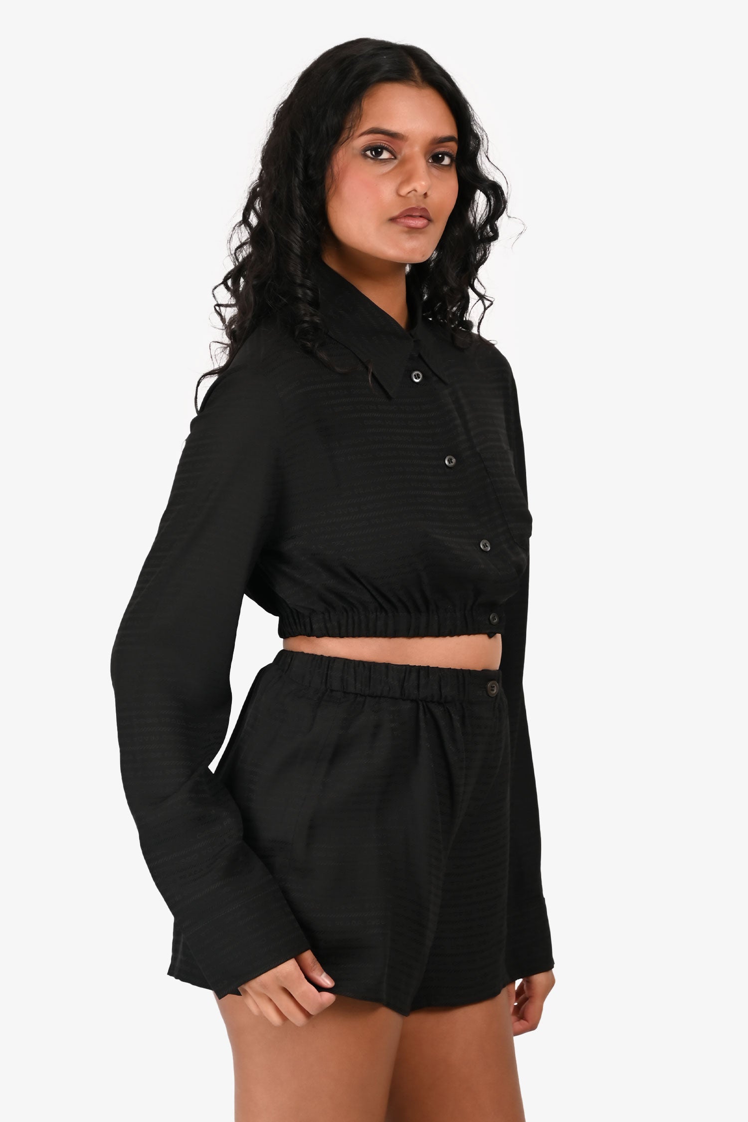Prada 2022 Black Jacquard Logo Silk Cropped Button-Up Top (Size 40) + Shorts (Size 36) Set