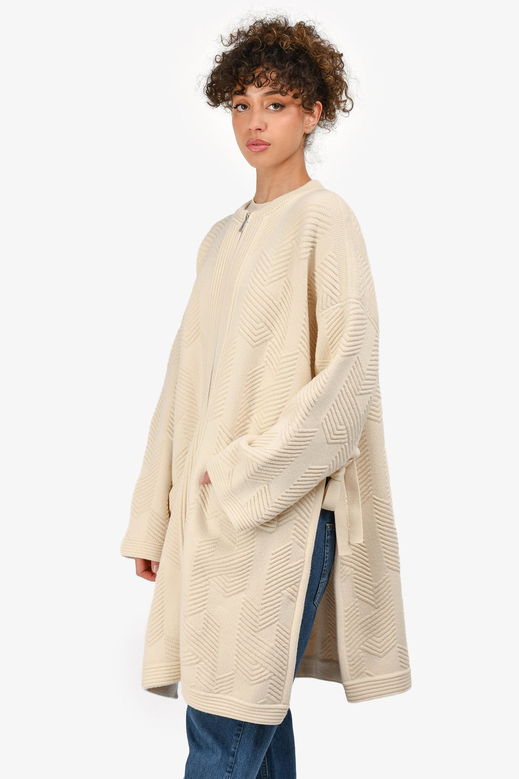 Hermès 2023 Cream Wool Knit Zip-Up Coat Size 34