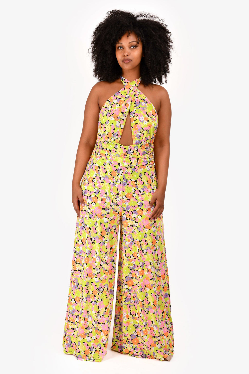 AFRM Yellow Pink Orange Floral Halterneck 'Pamela' Jumpsuit Size L
