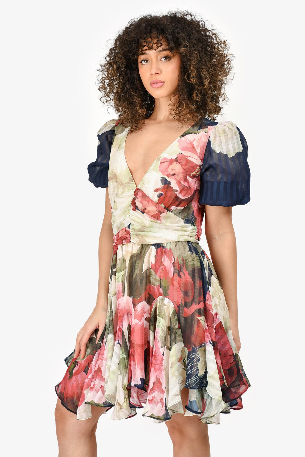 Elliatt Navy/White Floral Puff Sleeve 'Nevada' Dress Size M