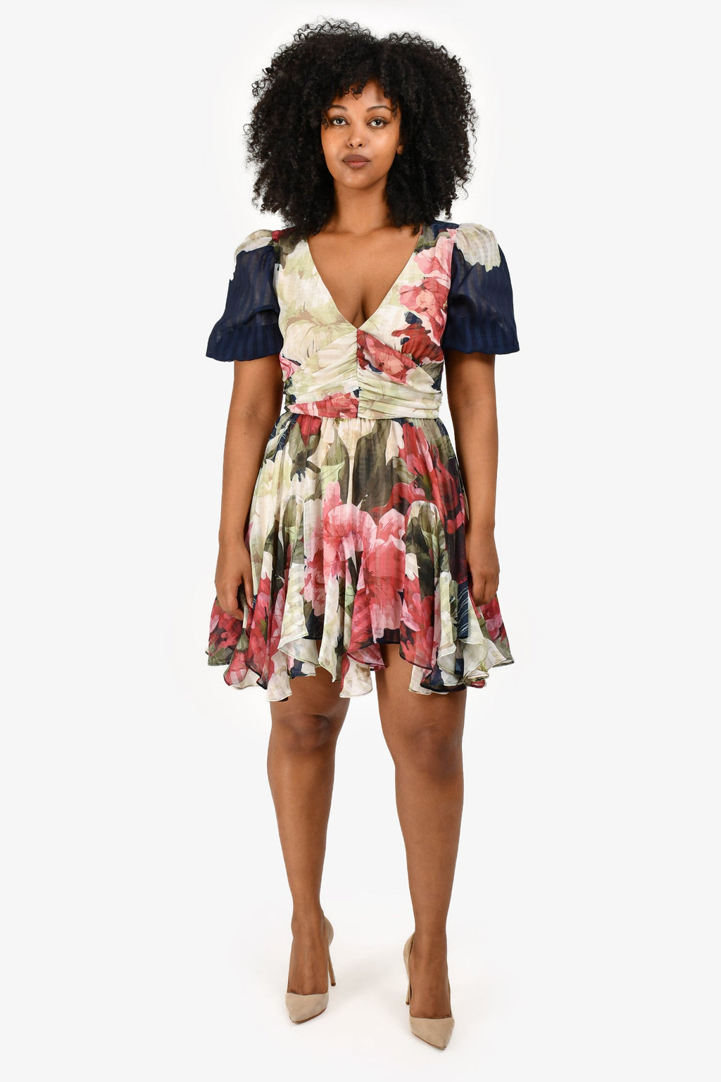 Elliatt Navy/White Floral Puff Sleeve 'Nevada' Dress Size L