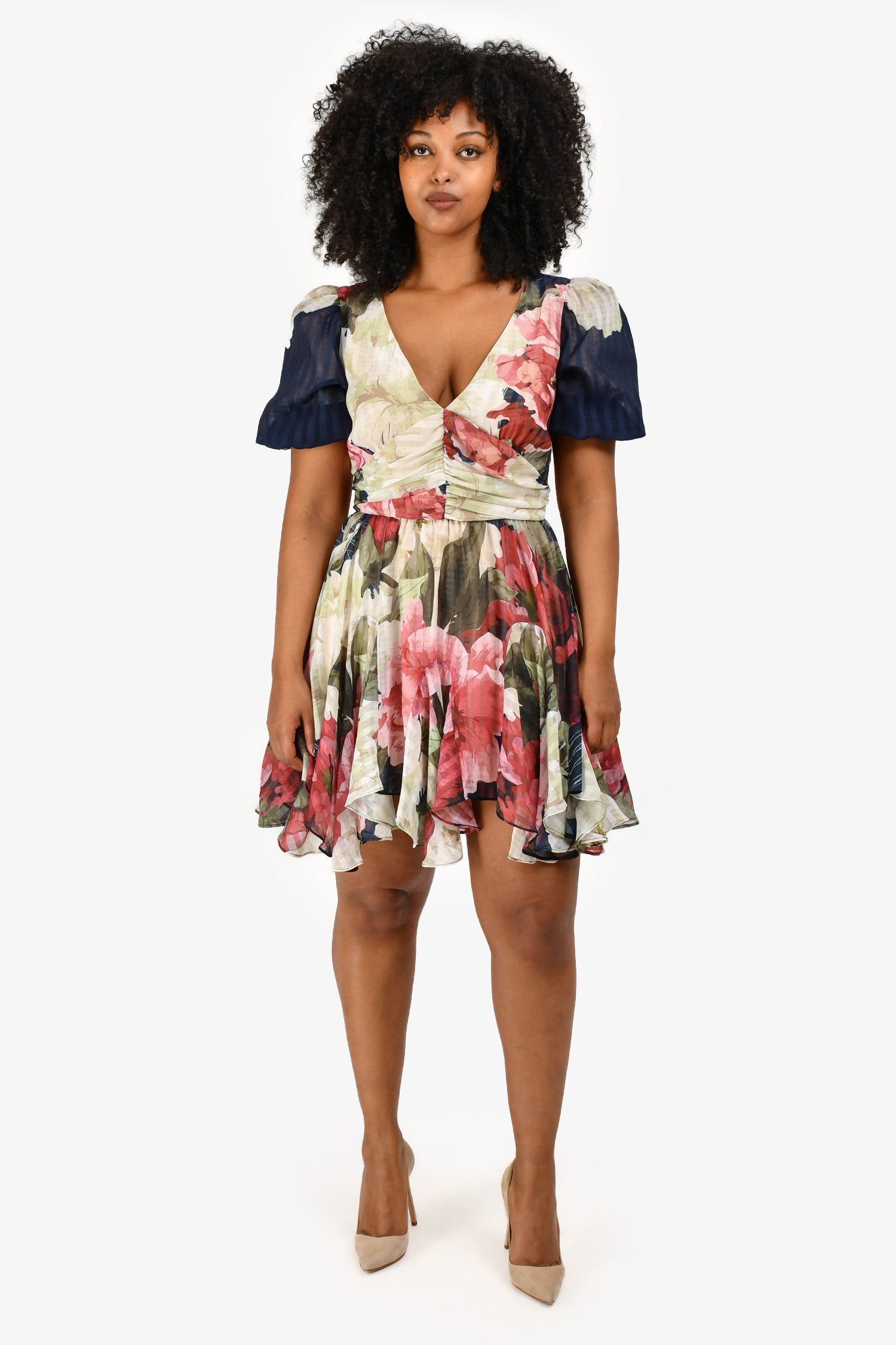 Elliatt Navy/White Floral Puff Sleeve 'Nevada' Dress Size L