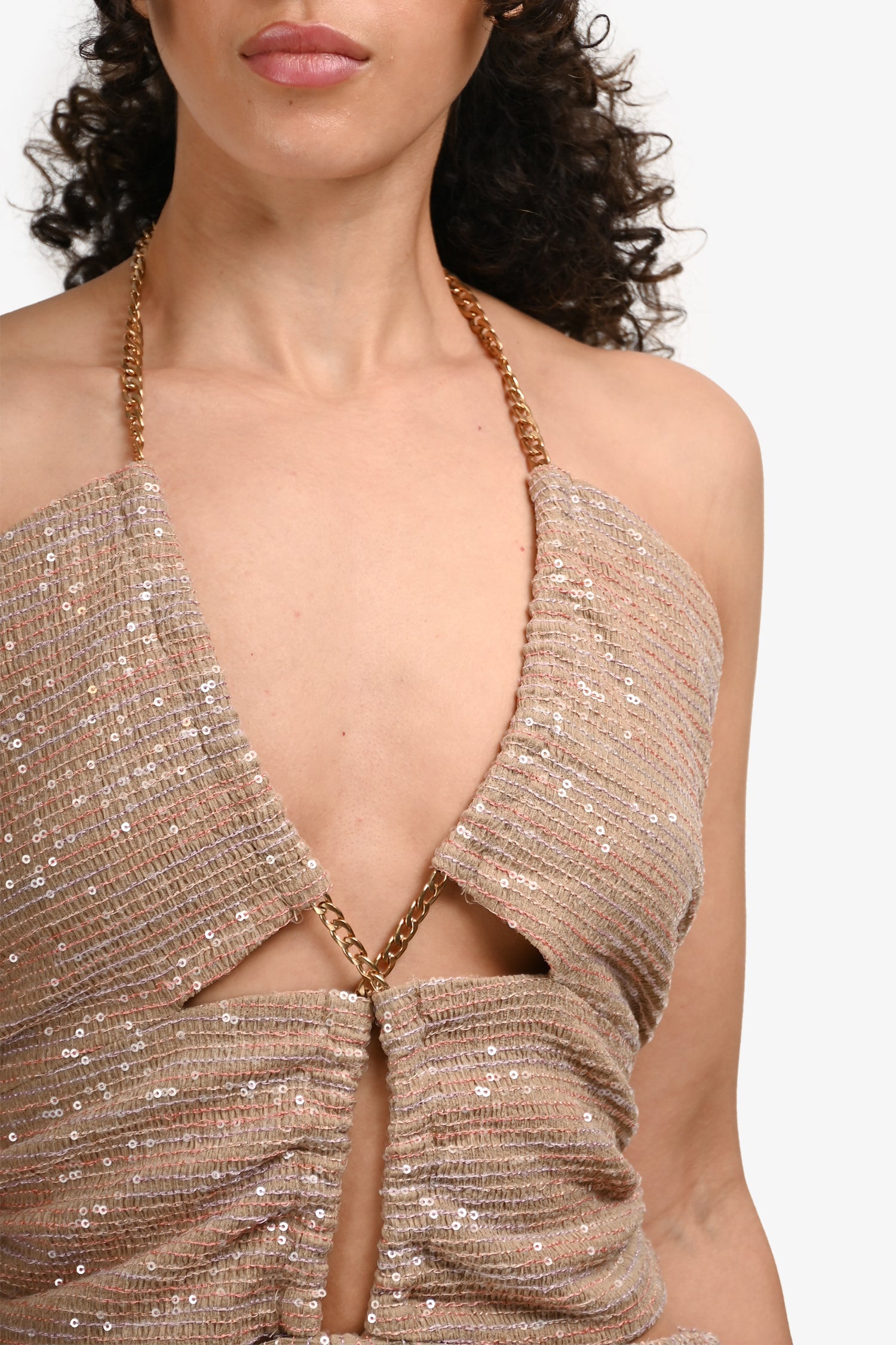 Eliya The Label Beige Sequin Halterneck 'Cassie' Jumpsuit Size M