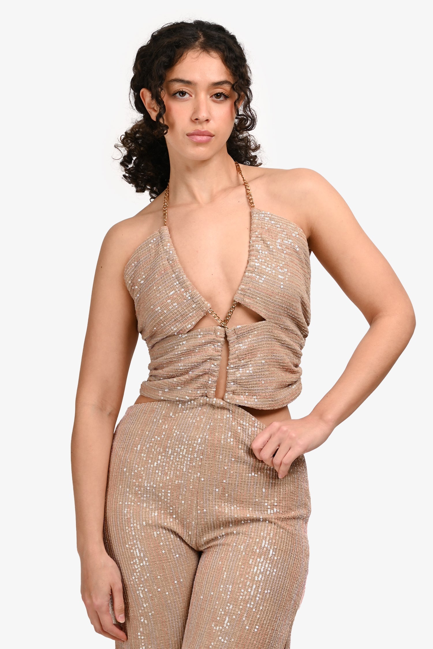 Eliya The Label Beige Sequin Halterneck 'Cassie' Jumpsuit Size M