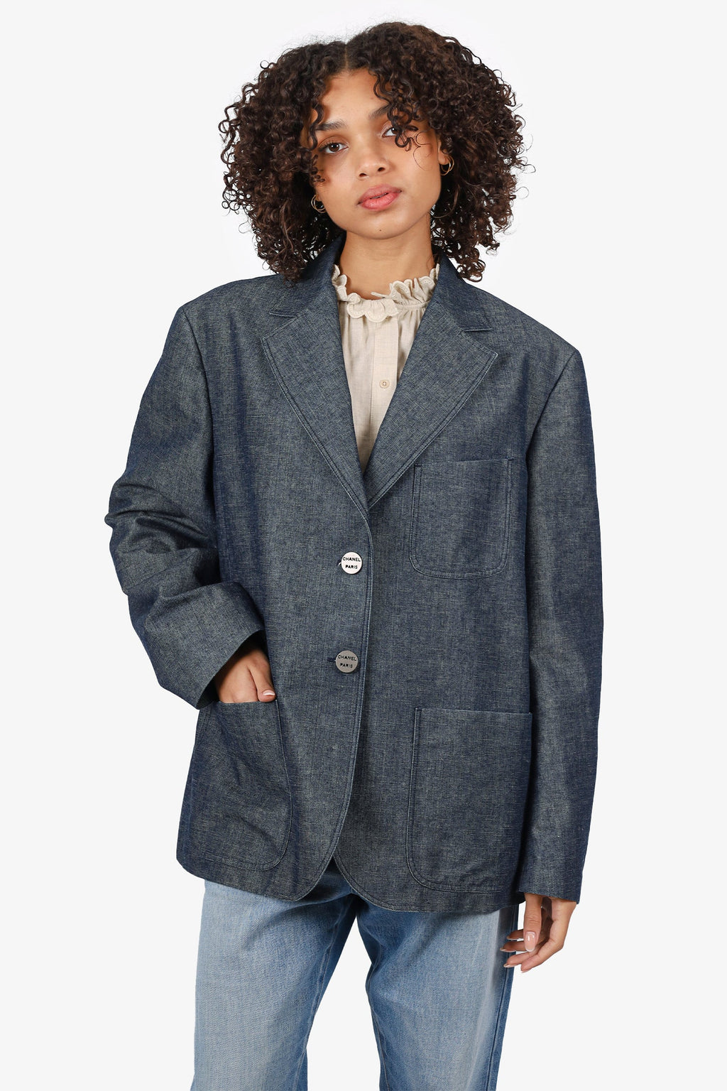 Pre-Loved Chanel™ 00C Dark Blue Denim CC Button Blazer Size 48