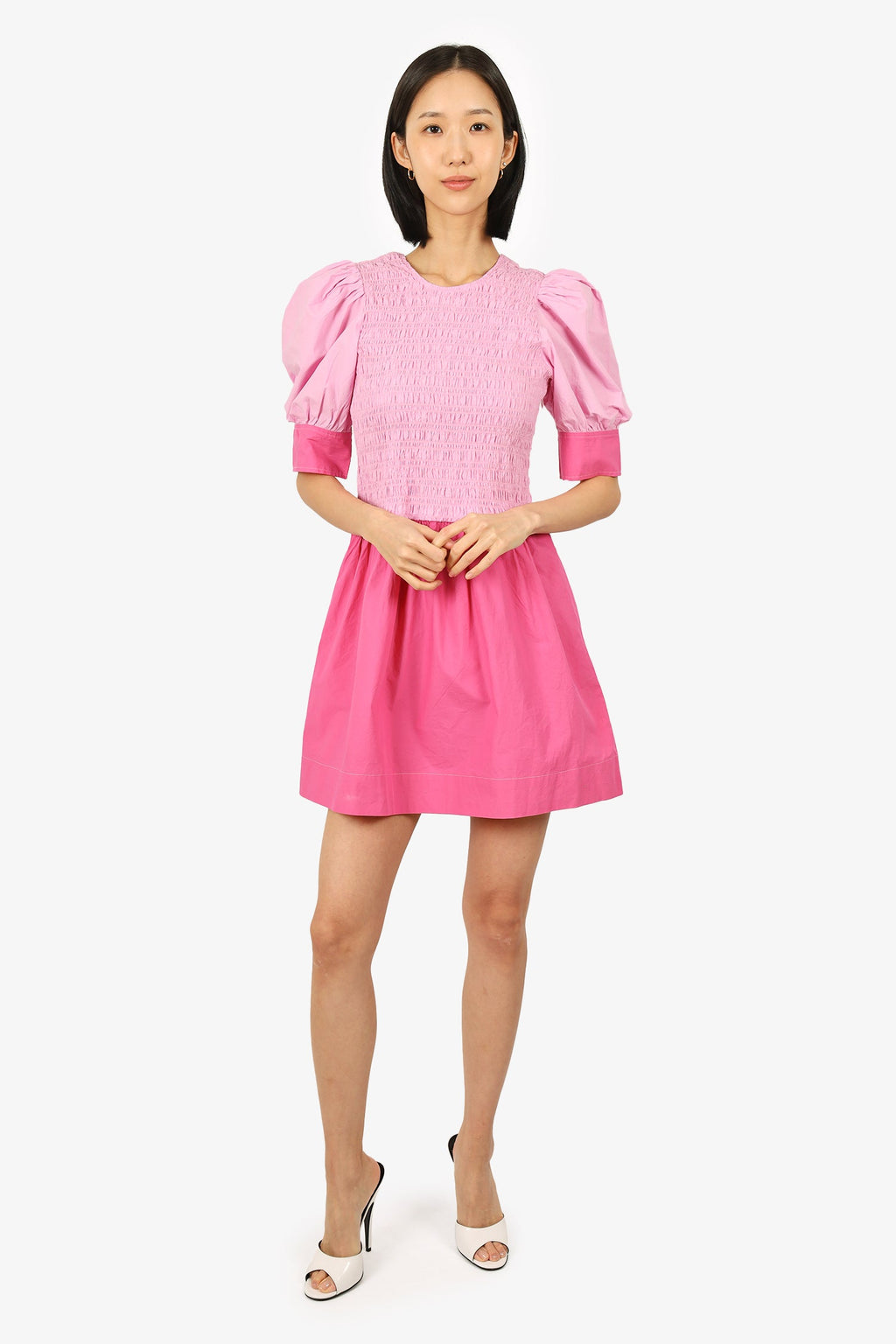 Ganni Pink Puff Sleeve Ruched Mini Dress Size 40