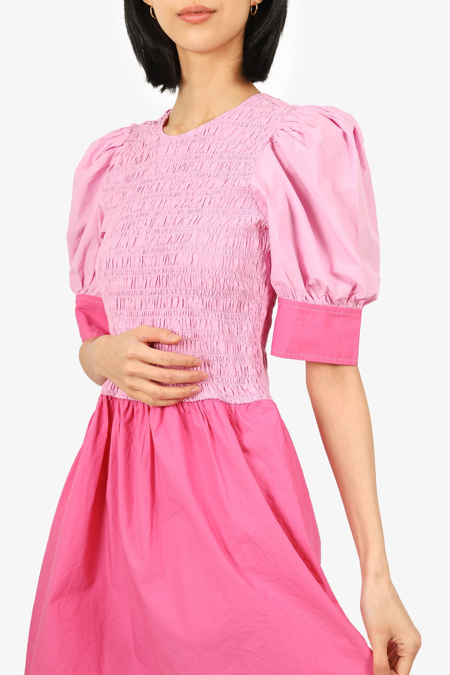 Ganni Pink Puff Sleeve Ruched Mini Dress Size 40