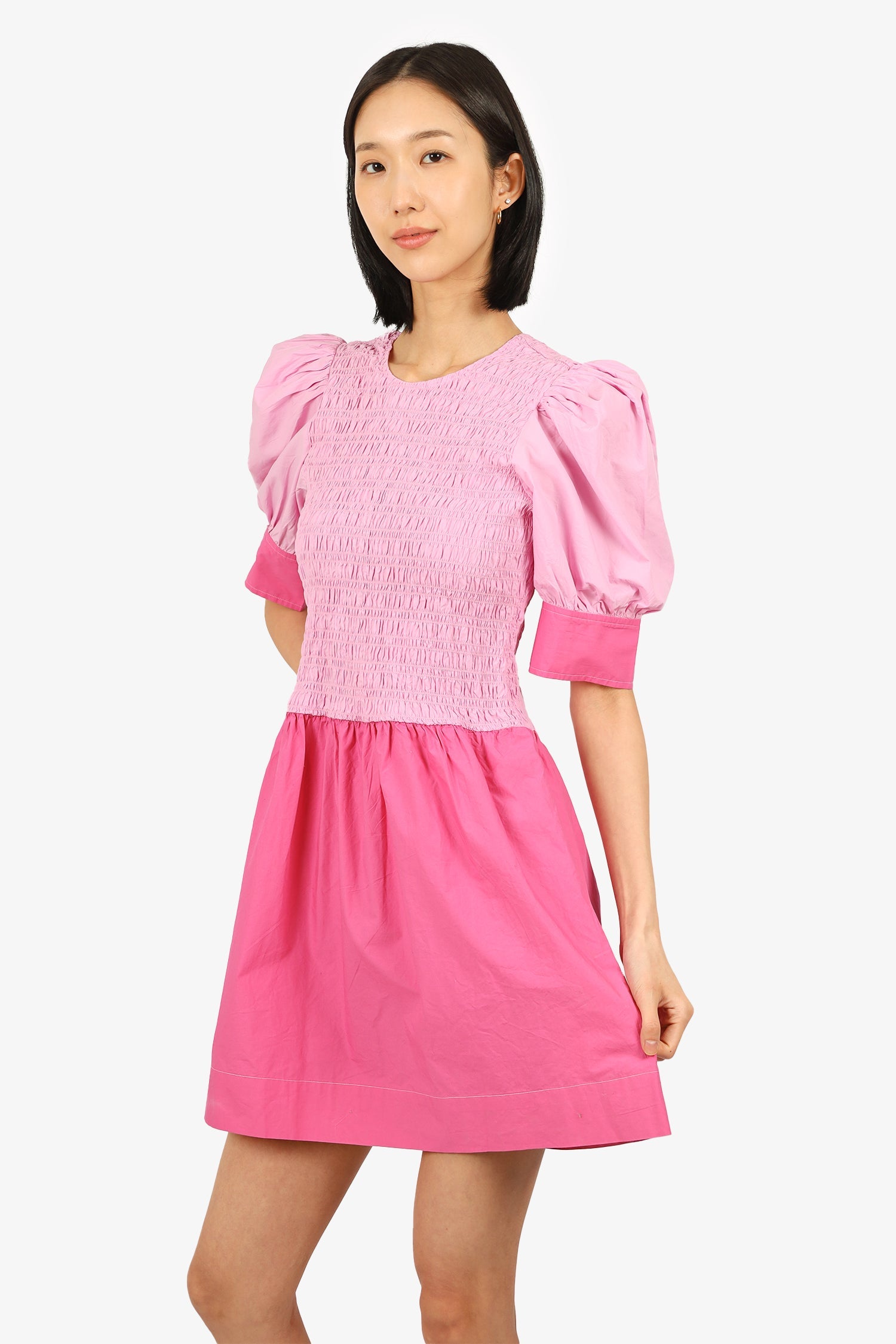 Ganni Pink Puff Sleeve Ruched Mini Dress Size 40