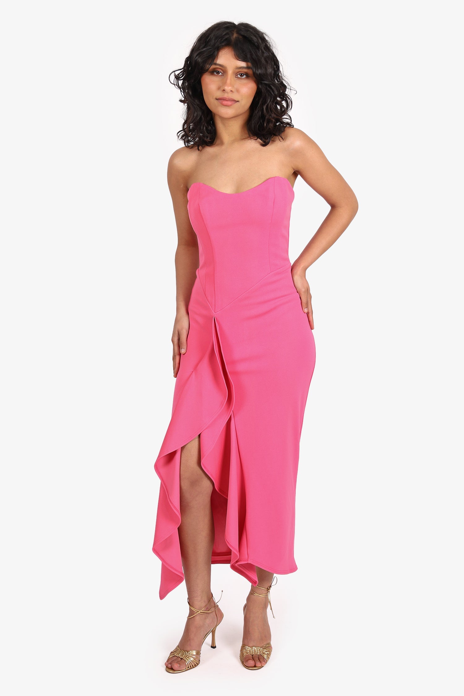 Katie May Pink Strapless Ruffled Slit Midi 'Rowan' Dress Size XS