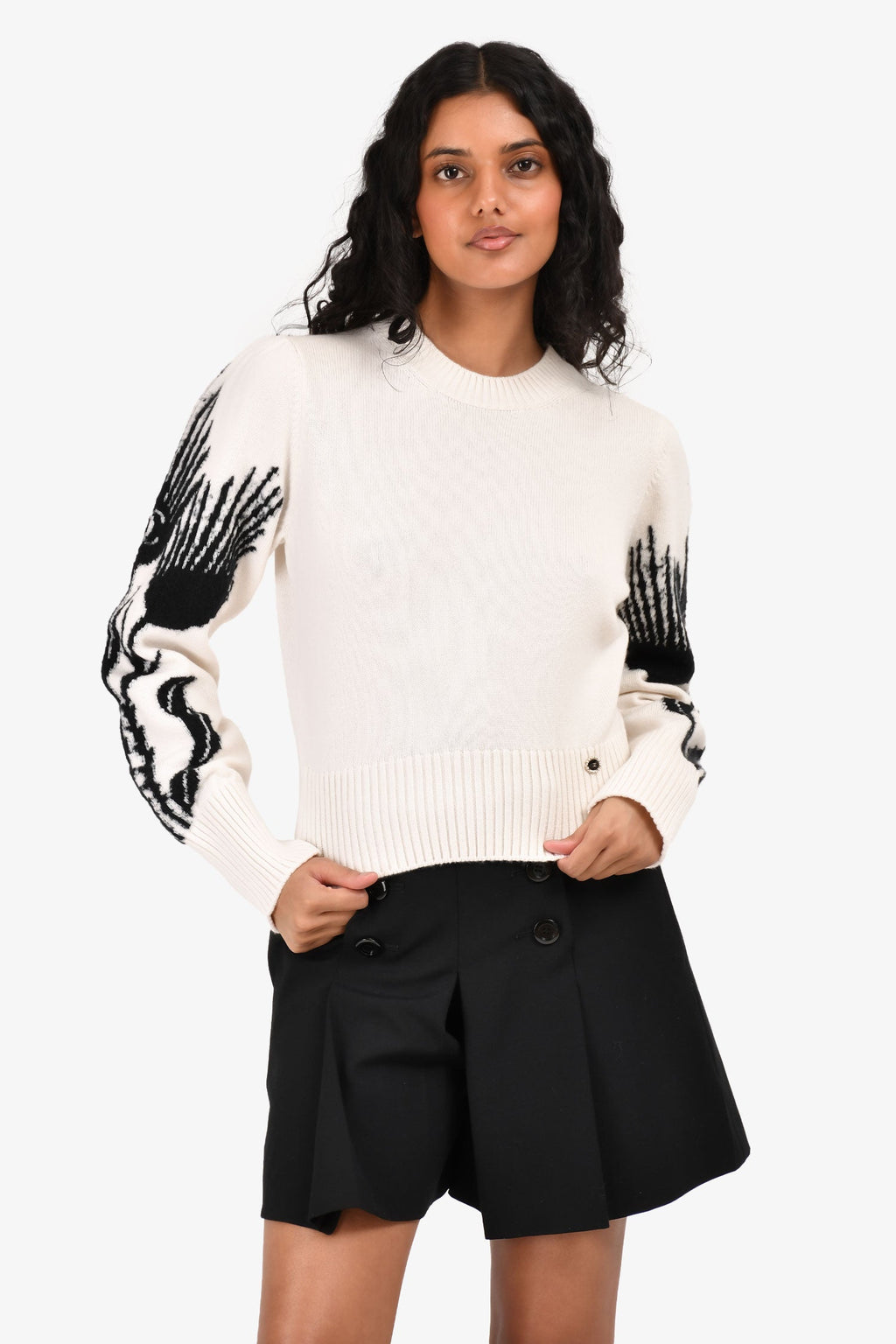 Pre-Loved Chanel™ Cream/Black CC Printed Sleeve Crewneck Sweater Size 34