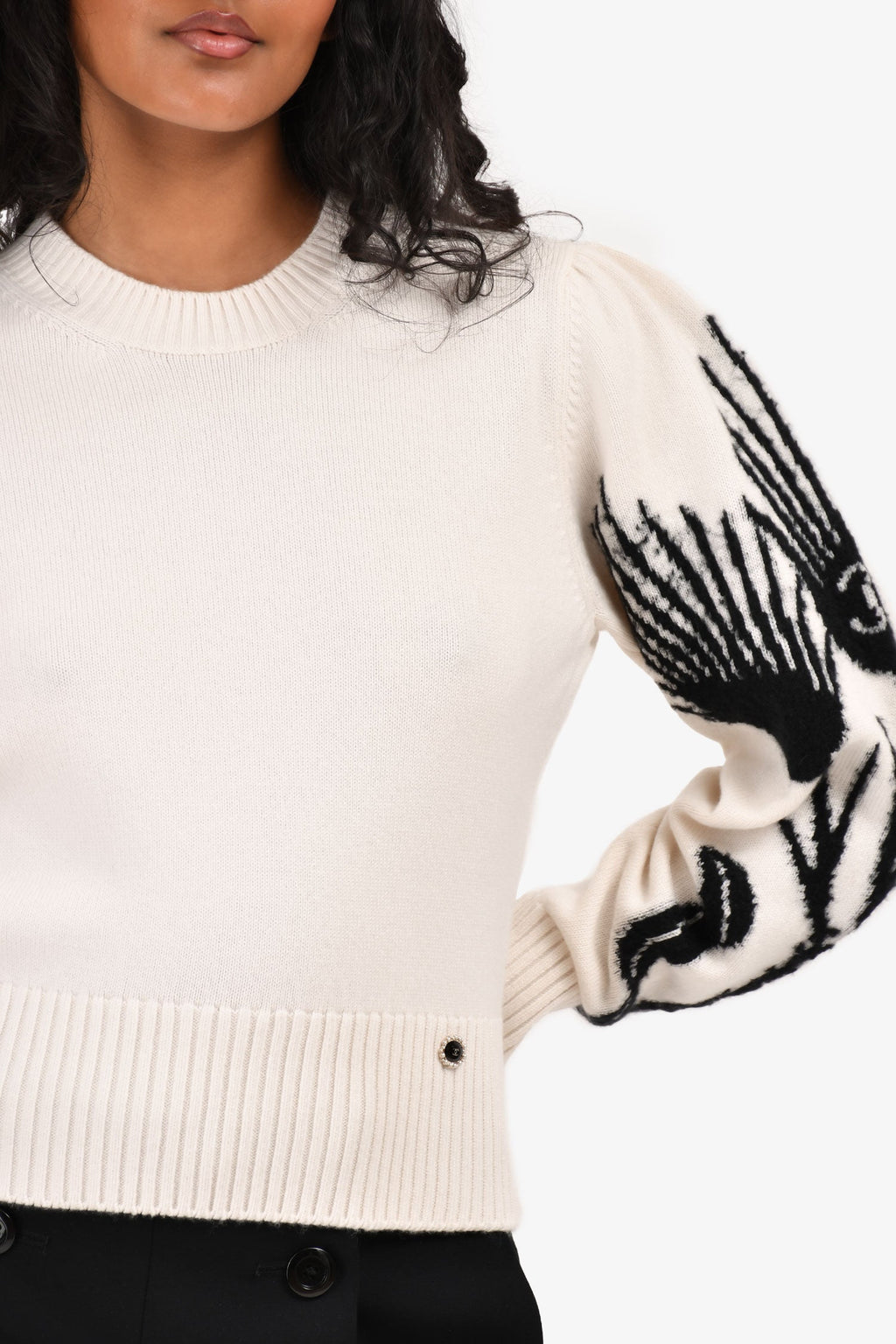 Pre-Loved Chanel™ Cream/Black CC Printed Sleeve Crewneck Sweater Size 34