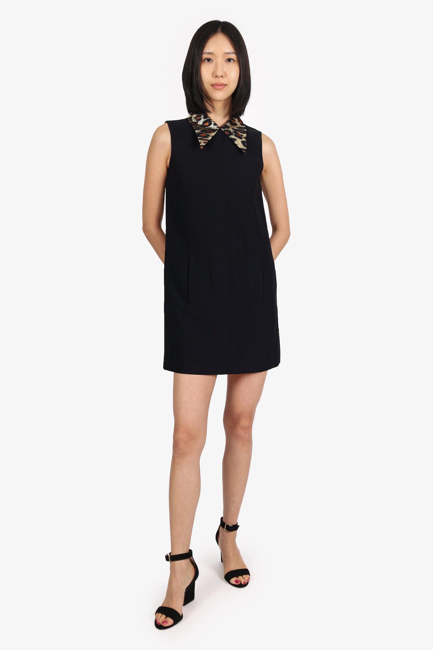 Miu Miu 2018 Black Wool Metallic Leopard Print Collar Short Sleeve Dress Size 36